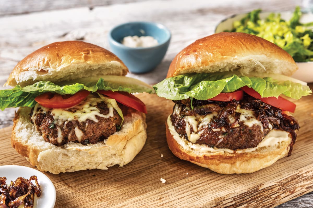 Beef Burgers With Cheddar And Caramelised Onion Recipe Hellofresh.