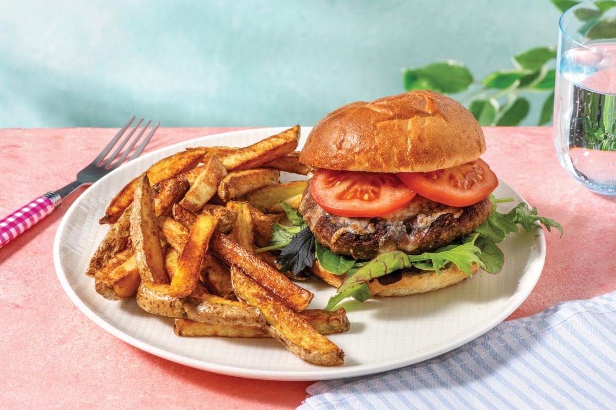 Beef Cheeseburger & Fries with Tomato & Salad Leaves