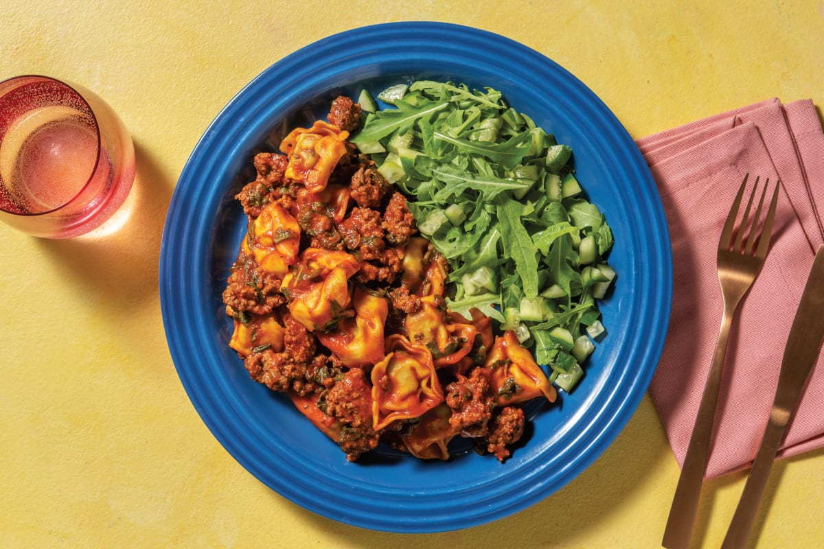 Beef Ragu Tortellini with Herby Tomato Sauce & Salad