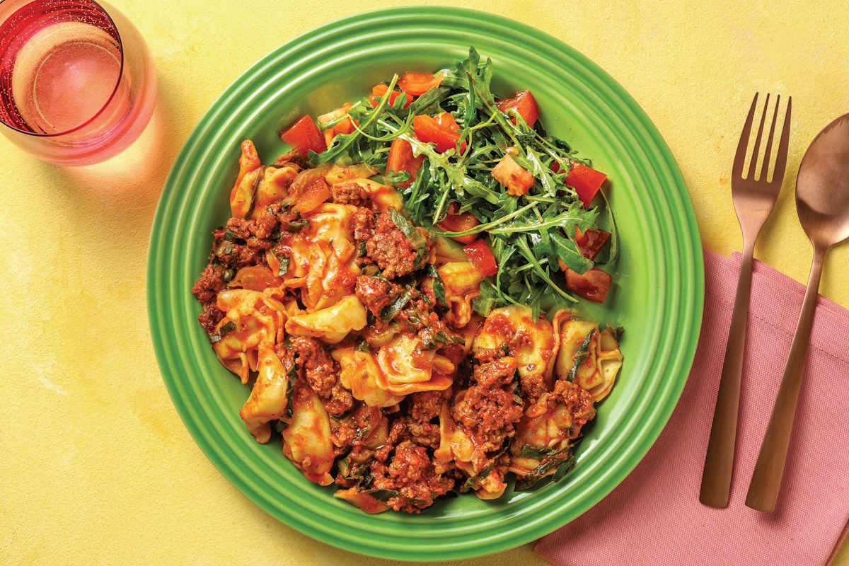 Beef Ragu Tortellini with Herby Tomato Sauce & Garden Salad