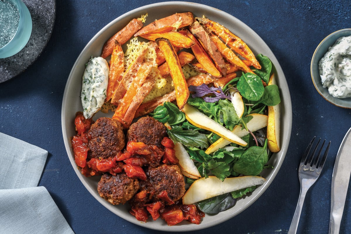 Beef Rissoles & Cheesy Sweet Potato Fries