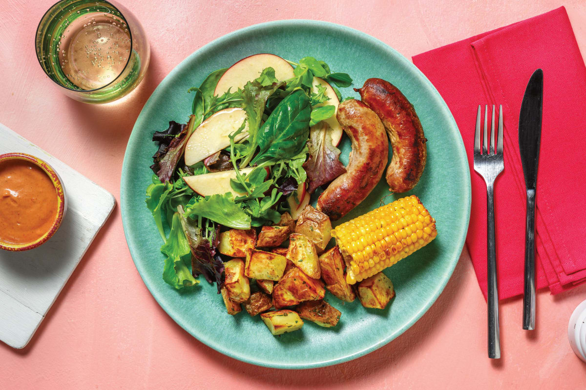 Easy Beef Sausages & Garlicky Corn Cobs