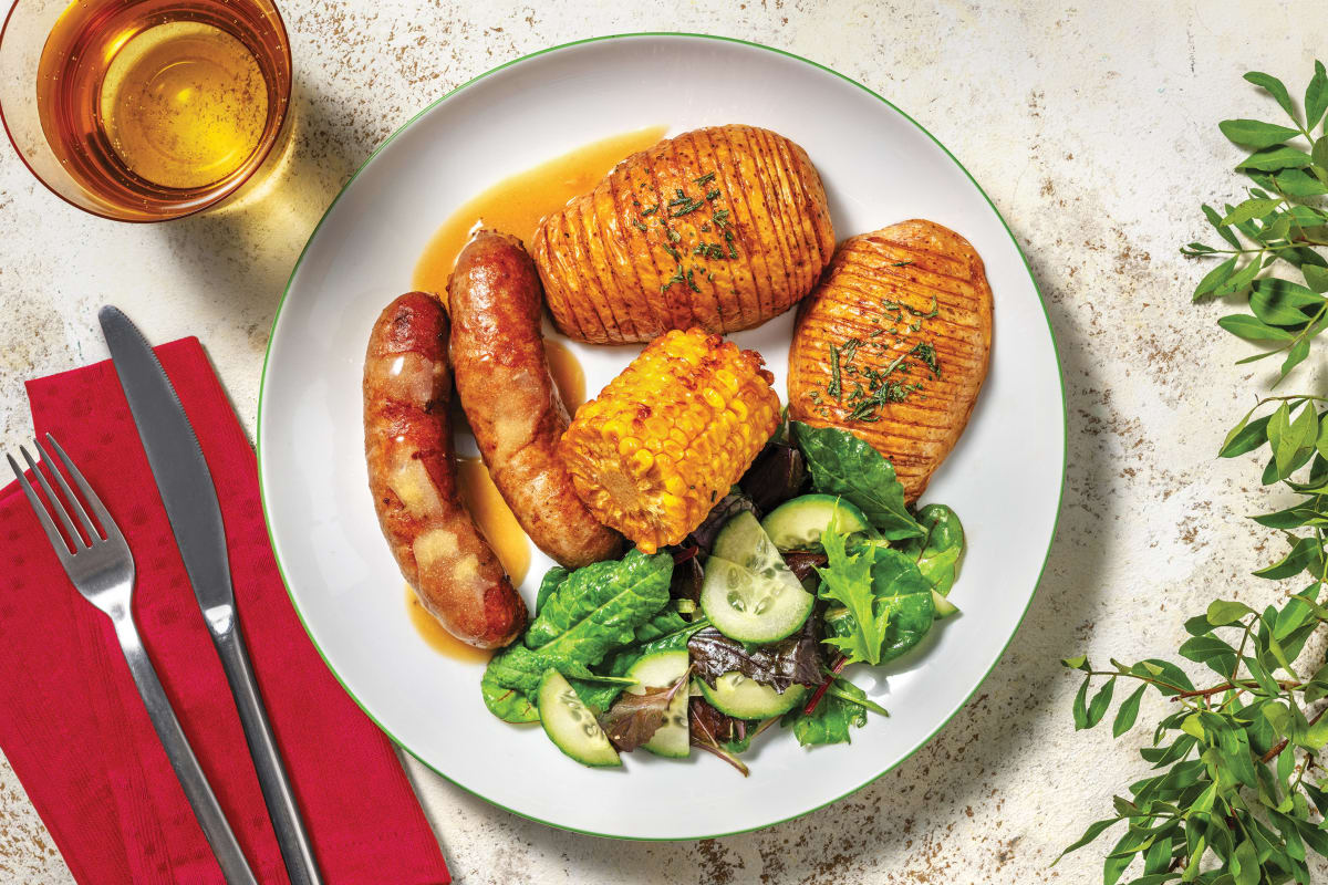 Beef Sausages & Rosemary Hasselback Potatoes