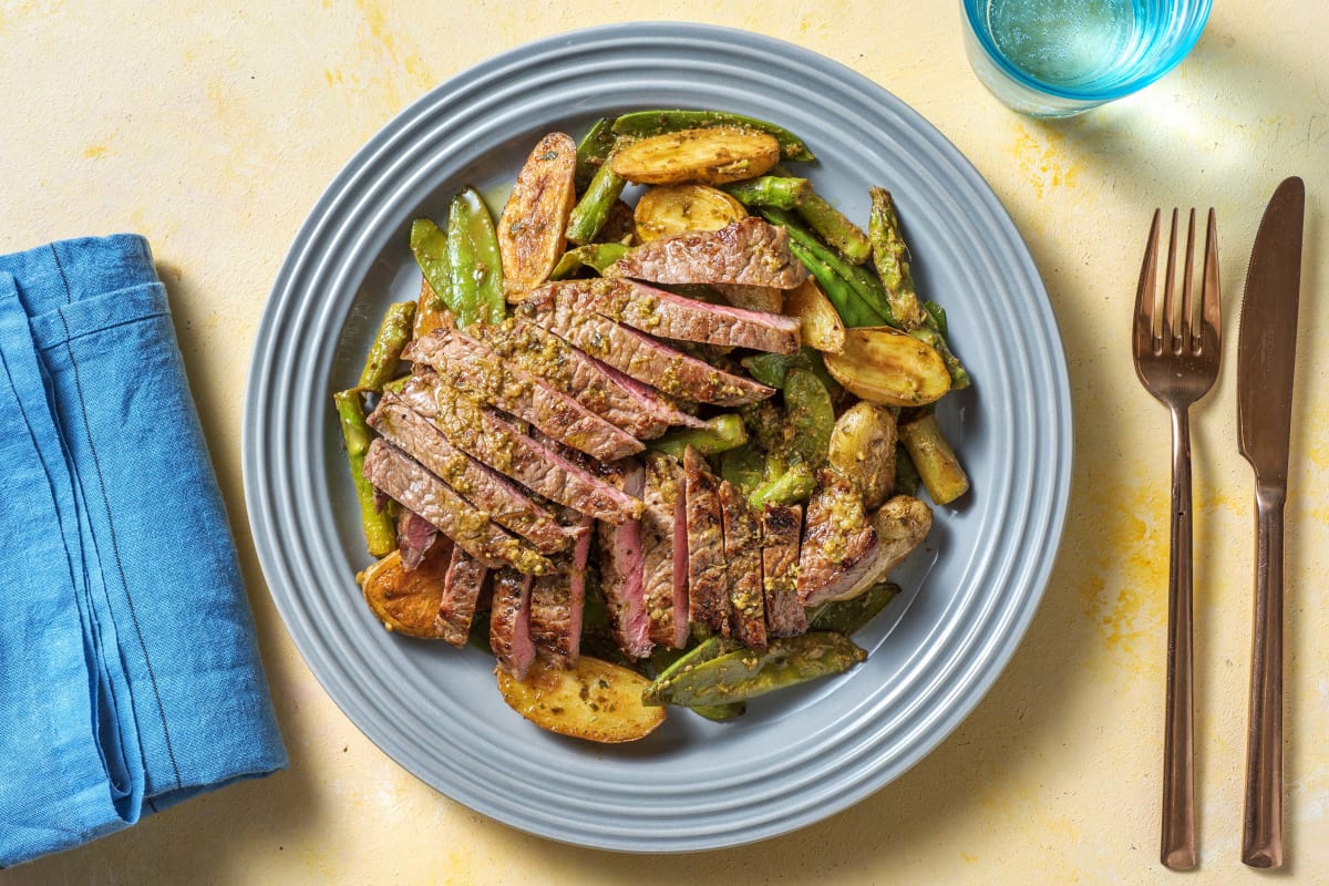 Beef Sizzler Steaks, Asparagus and Potato Salad