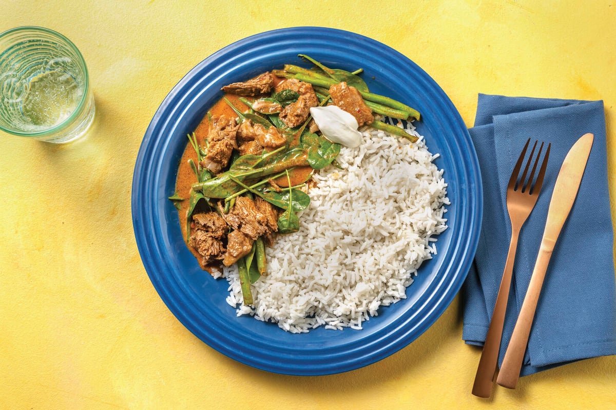 Bengal Lamb & Green Bean Curry with Baby Spinach, Buttery Rice & Yoghurt