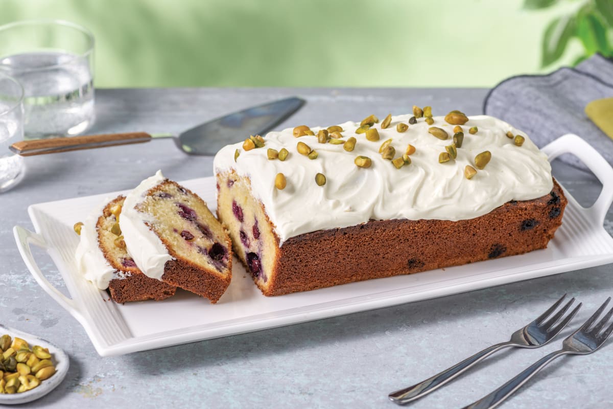 Blueberry Loaf Cake with White Chocolate Ganache & Pistachios