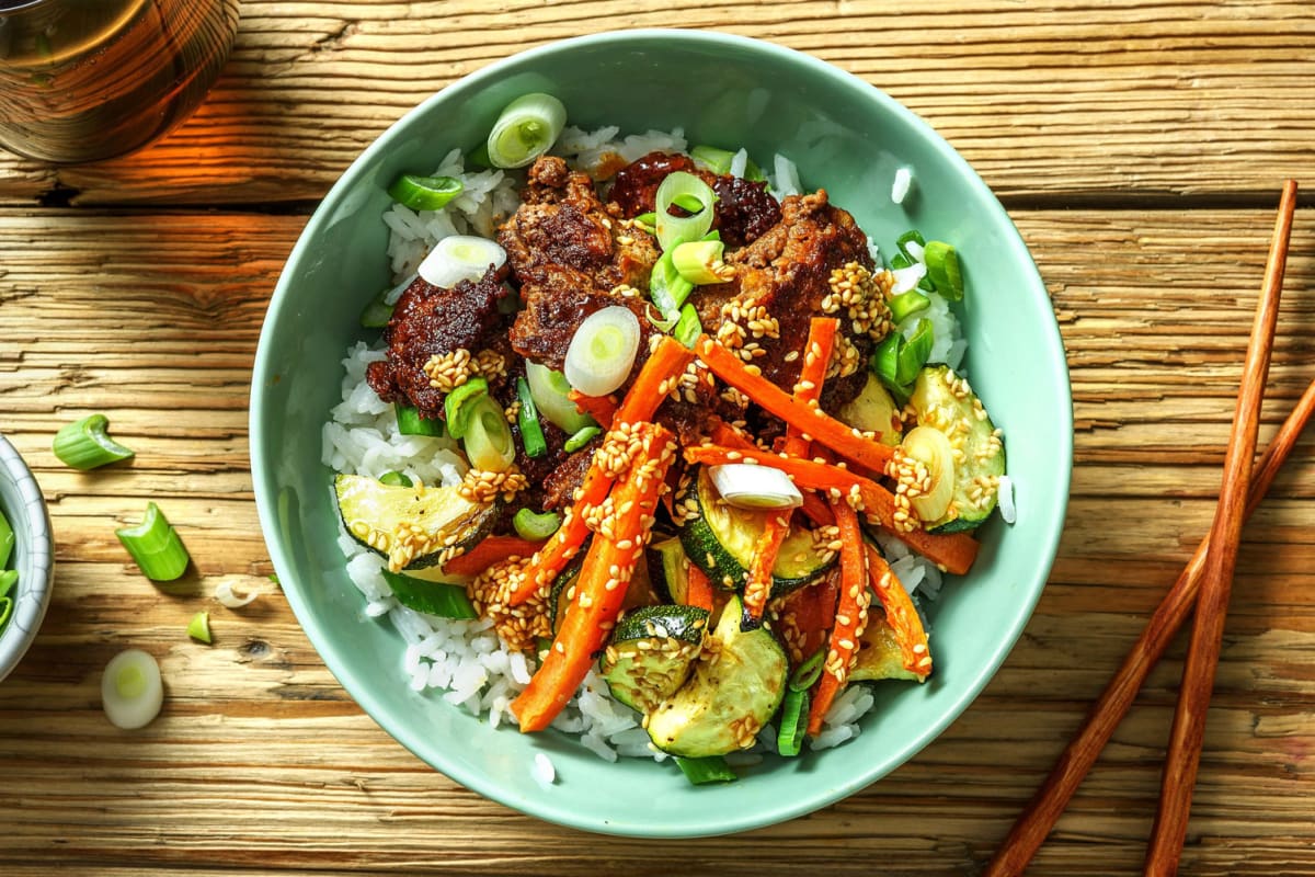 Bibimbap-Style Rice Bowls and Spicy Sesame Sauce