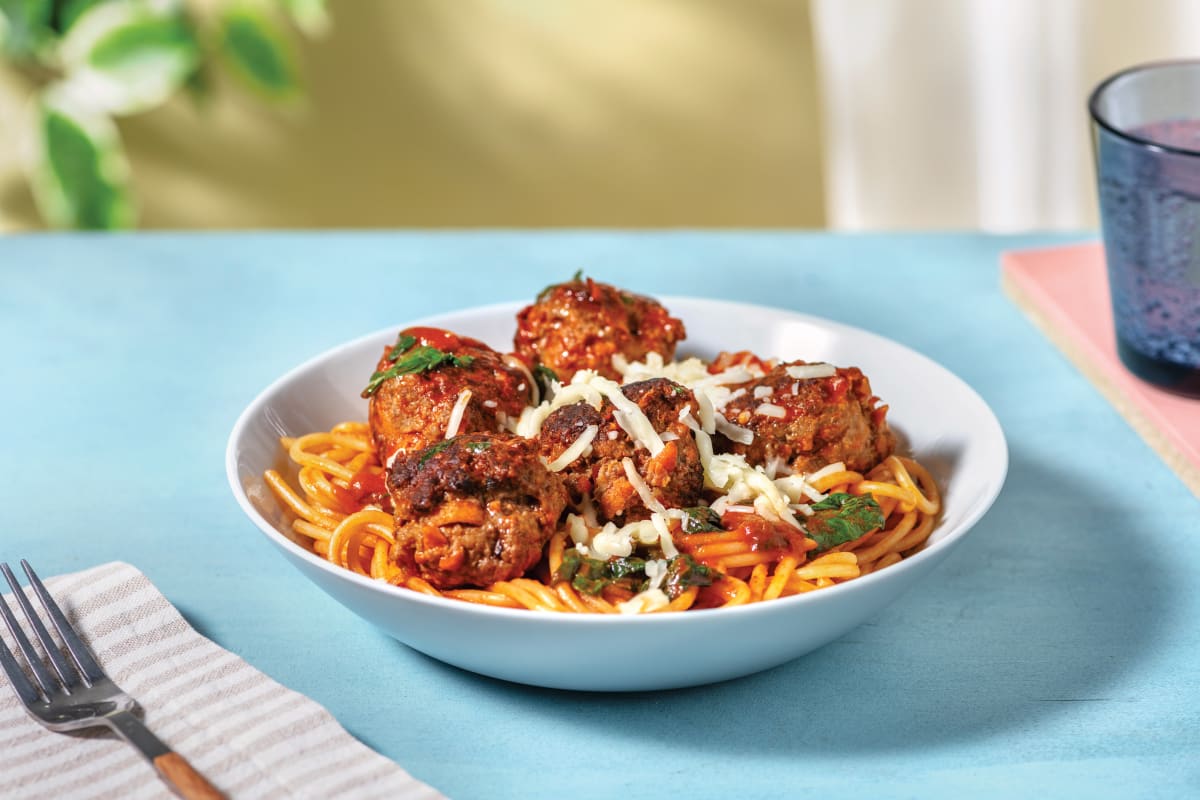 Bolognese-Style Beef Meatballs with Spaghetti & Cheddar Cheese