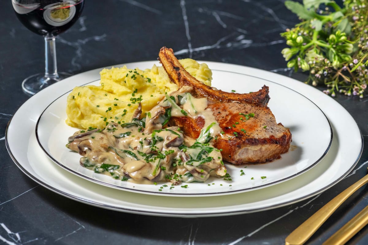 Bone-In Pork Chops and Mushroom-Spinach Cream