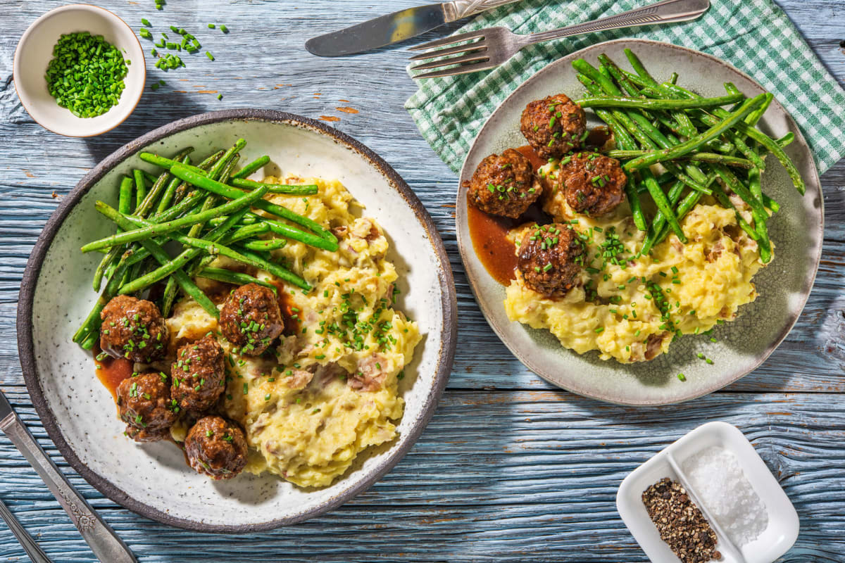 BBQ Beef Meatballs with Smashed Potatoes