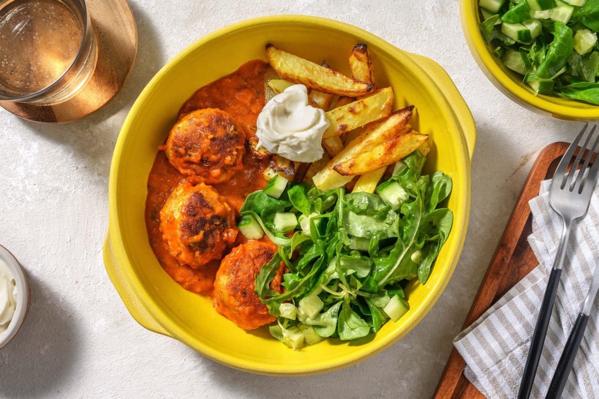 Boulettes de poulet haché à la sauce tomate et frites