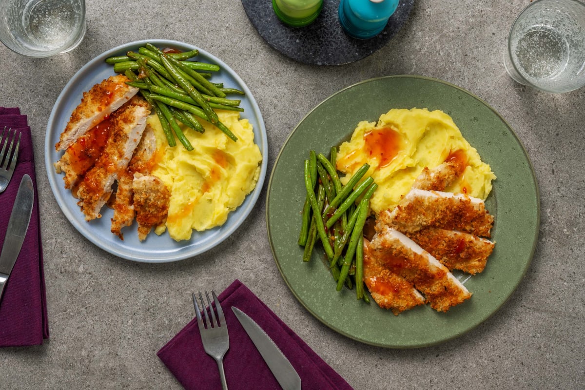 Breaded Chicken, Mash and Green Beans