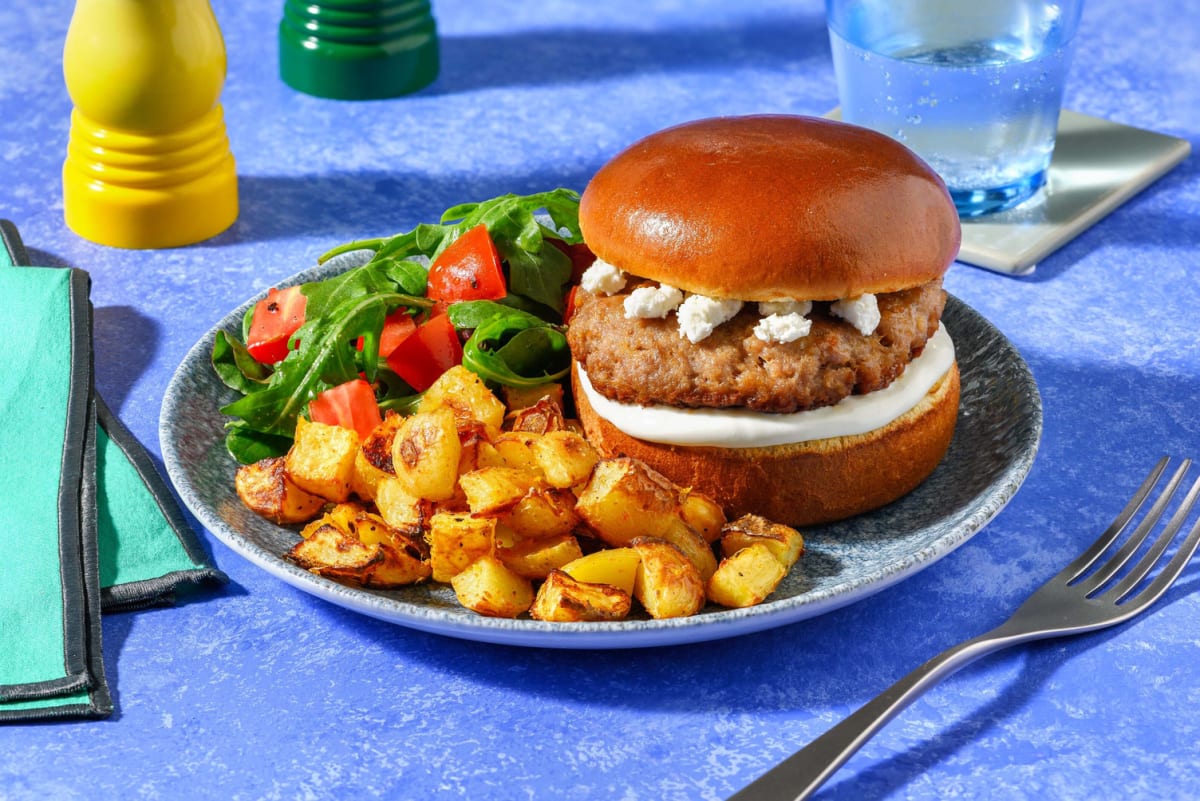 Plant-Based Ground Protein Souvlaki-Inspired Burgers