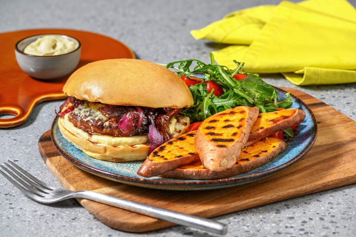 Grilled Veggie Burgers and Caramelized Onions