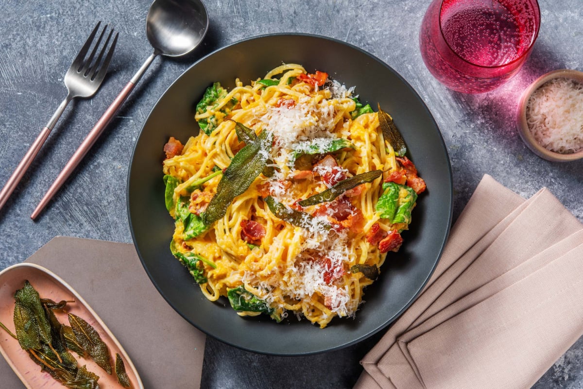 Linguines Alfredo à la courge musquée et au bacon