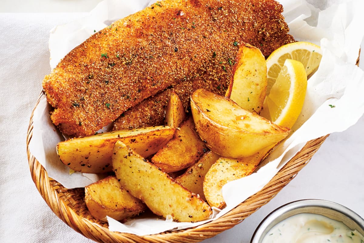 Breaded Sea Bass and Steak Cut Potaotes with DIY 