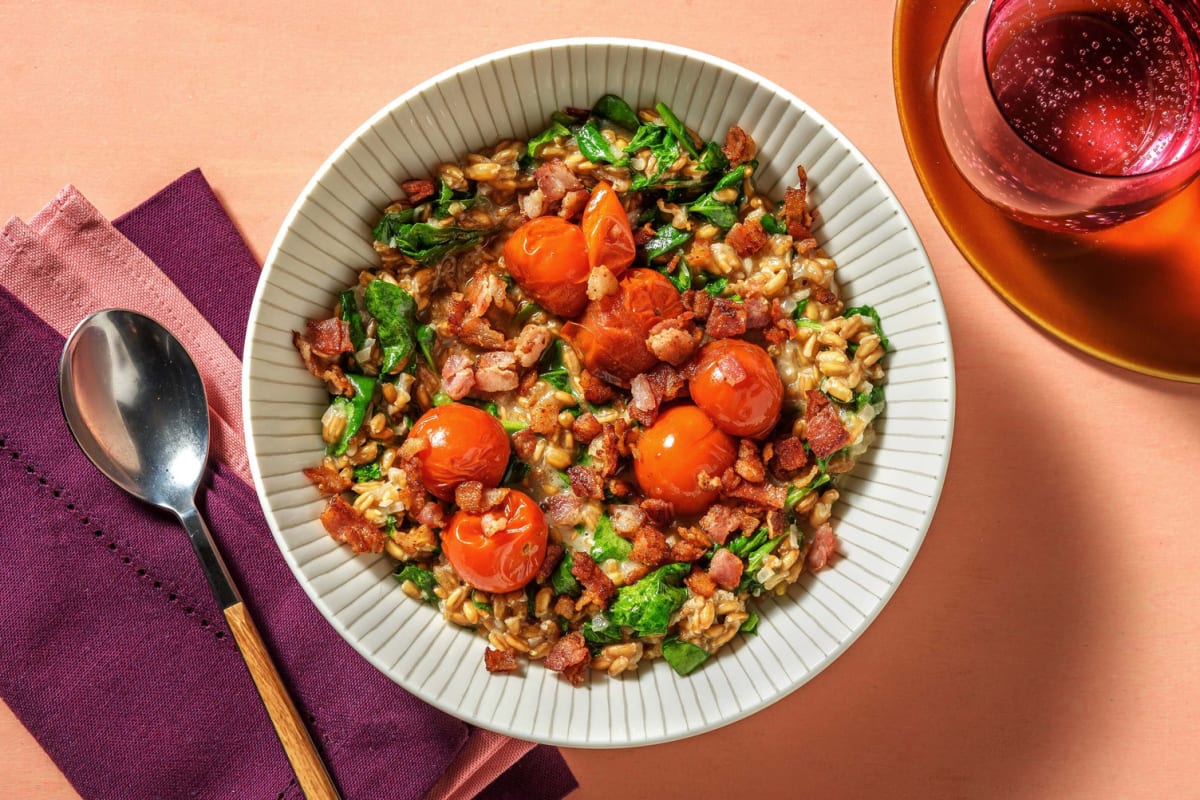 Farro au bacon et au cheddar blanc façon BLT