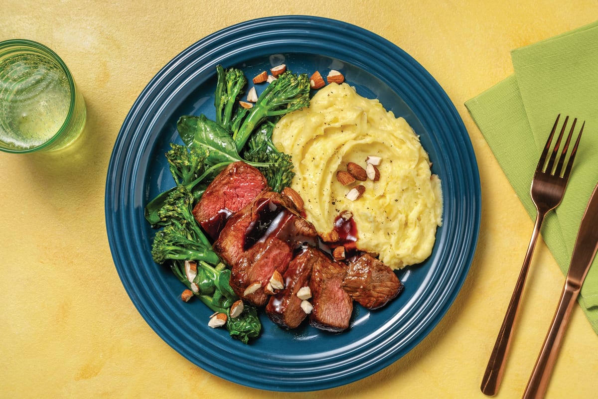 Carb Smart Glazed Beef Steak with Mash & Greens