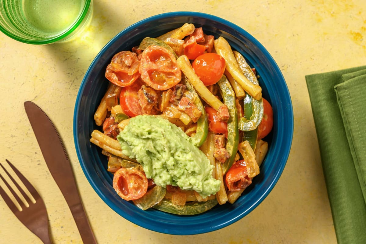 Casarecce met chorizo en avocado-pesto