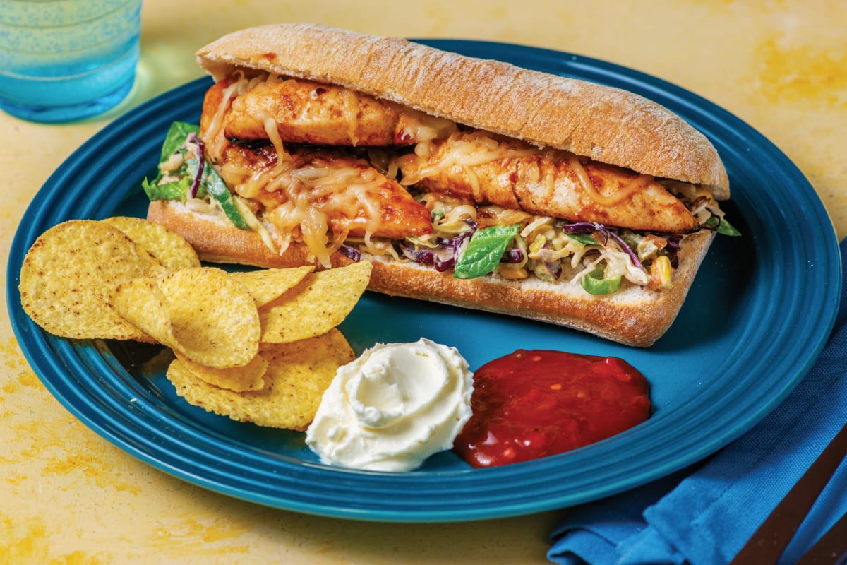 Cheesy American Chicken Tender Ciabatta with Pickled Jalapeno Slaw & Corn Chips