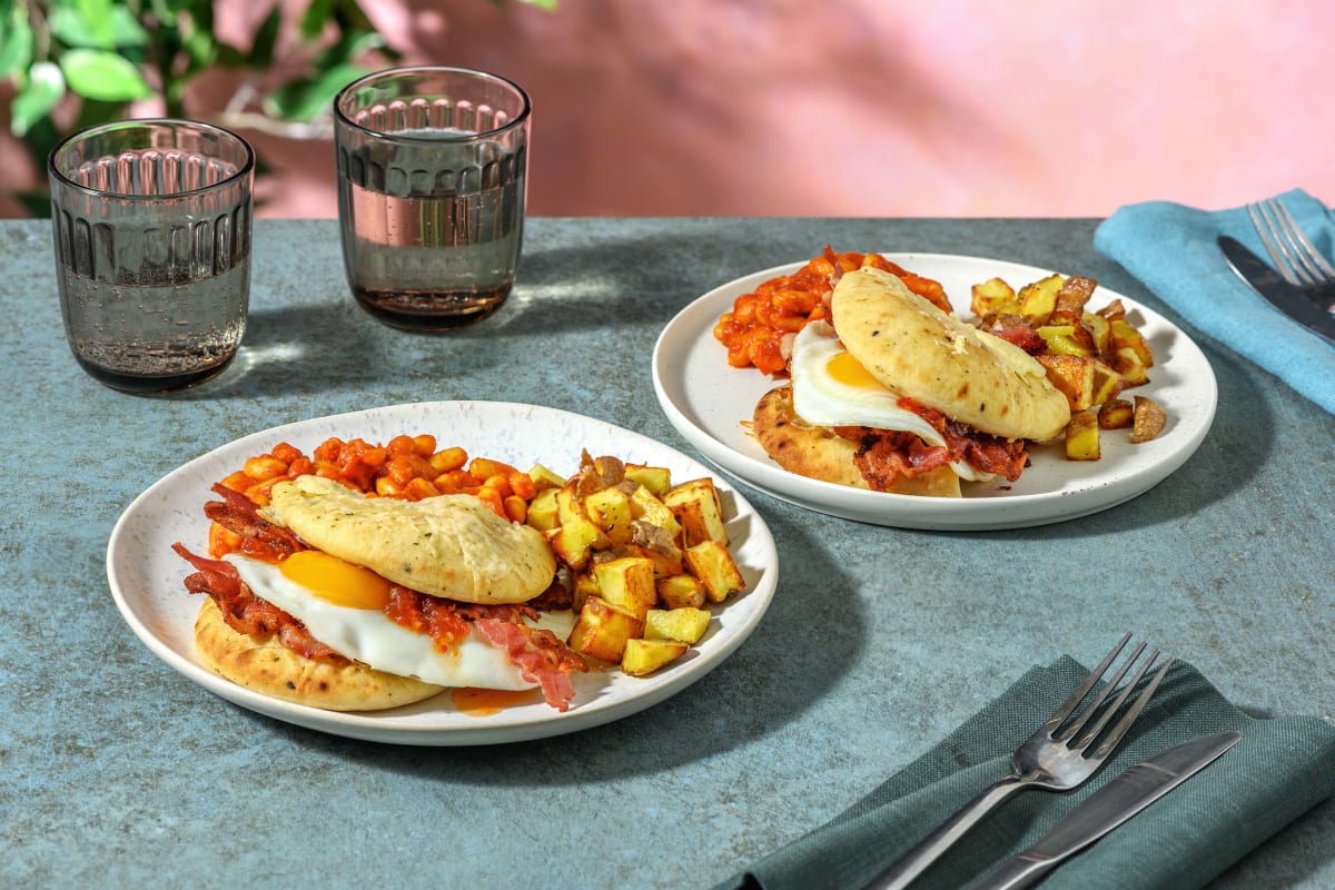 Cheesy Bacon and Egg Naan-Wich with Masala Beans and Breakfast Potatoes