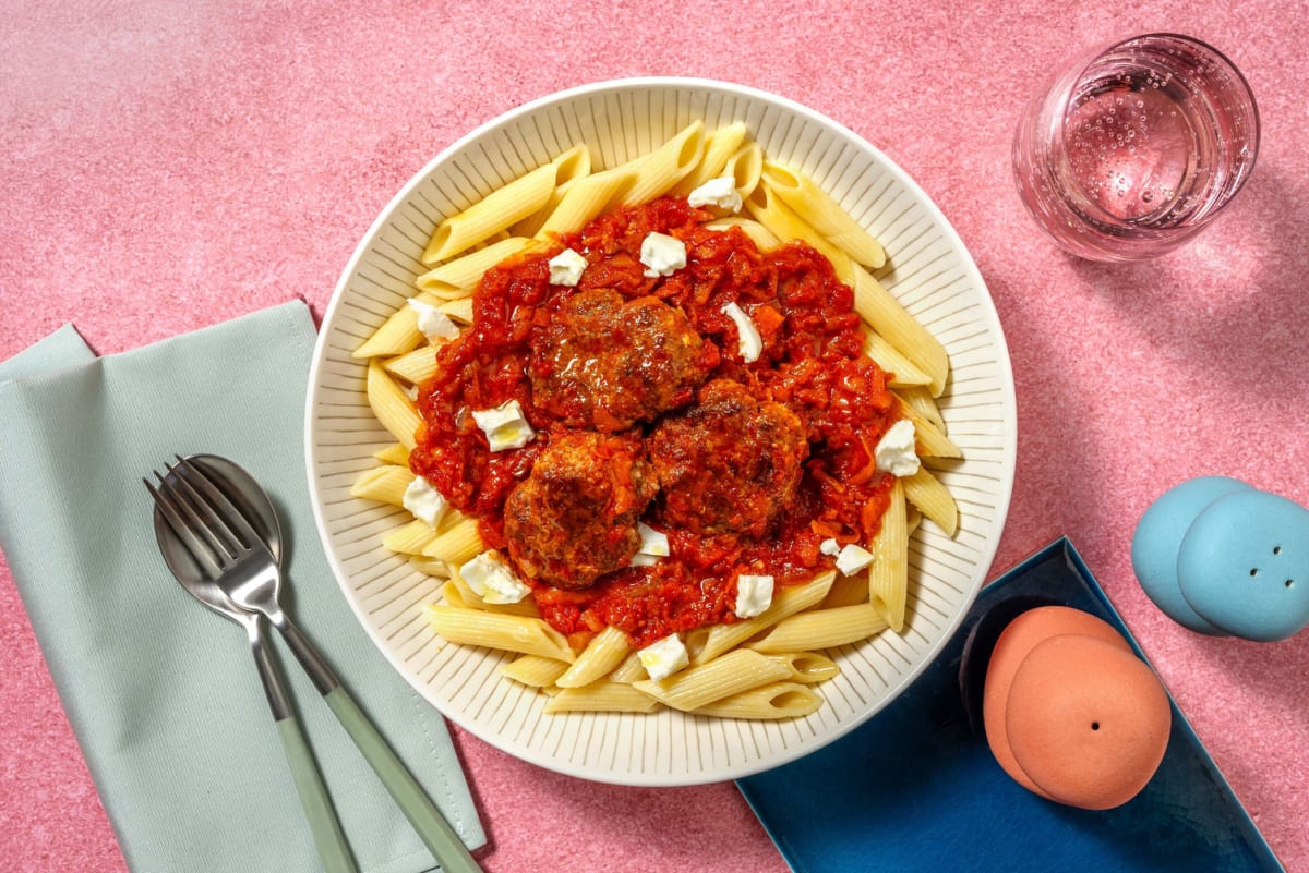 Mozzarella-Meatballs auf Penne