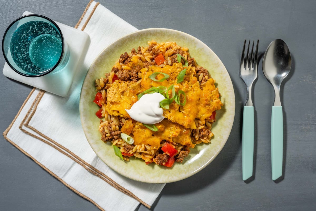 Cheesy Plant-Based Protein Shreds Tex-Mex Orzo Skillet