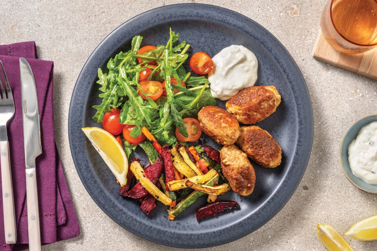 Spiced Pork Rissoles & Sesame Veggie Fries