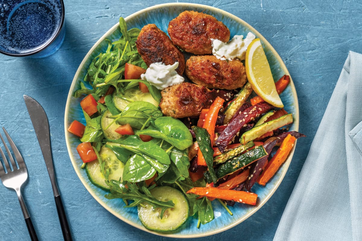 Chermoula Pork Rissoles & Rainbow Fries