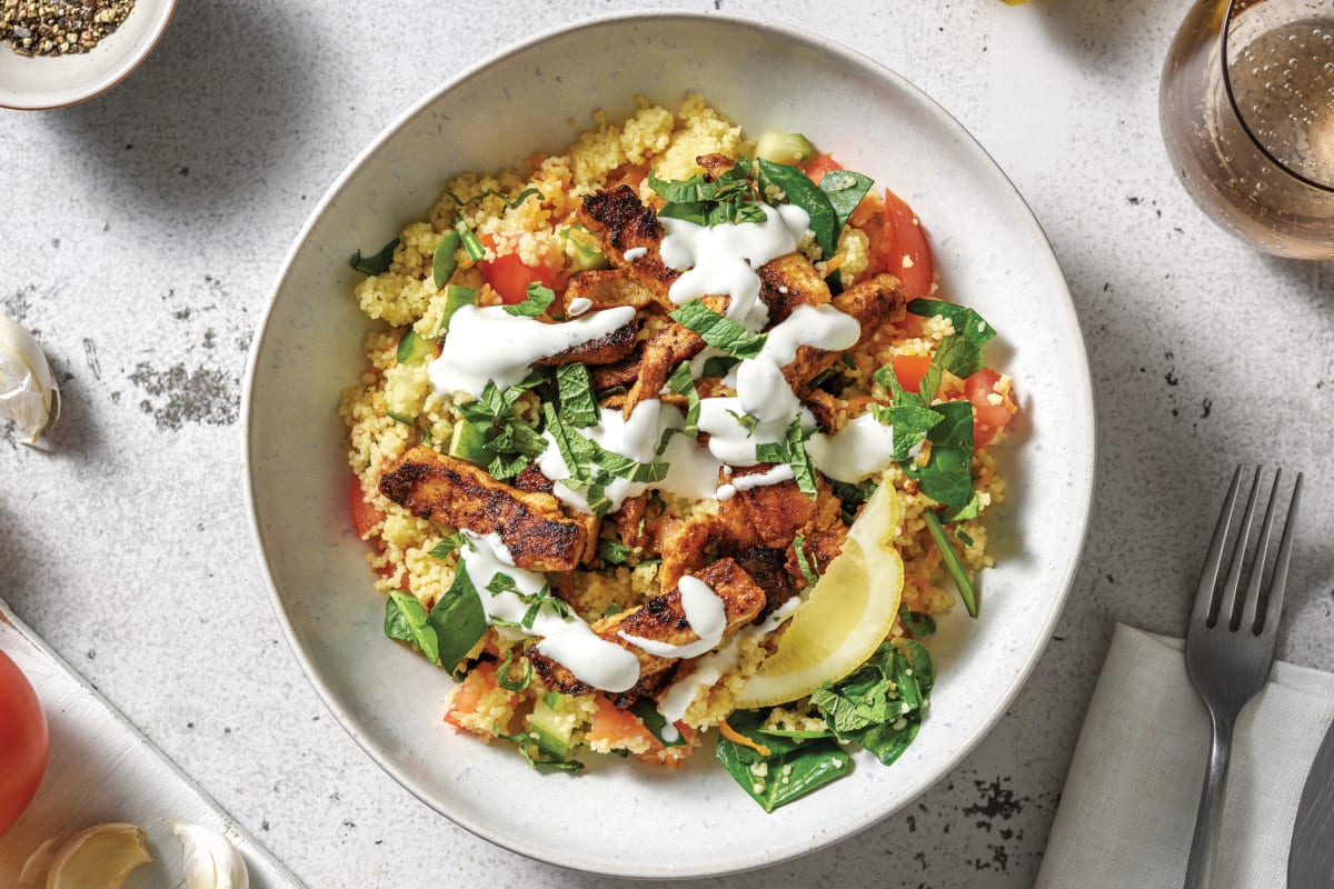 Chermoula Pork Bowl with Wholemeal Carrot Couscous & Tomato Salad