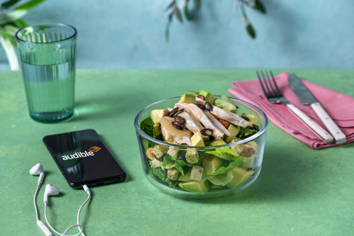 Chicken and Avocado Salad with Croutons and Pumpkin Seeds