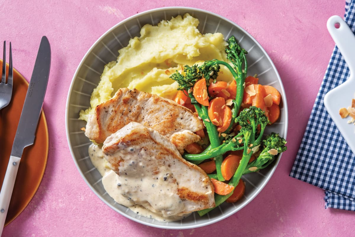 Chicken & Creamy Peppercorn Sauce with Mash & Veggies Recipe | HelloFresh