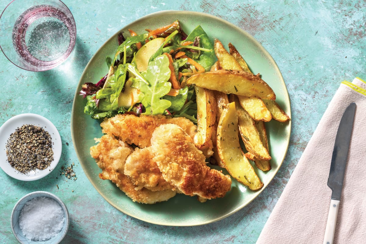 Crumbed Chicken Dippers & Rosemary Wedges with Garlic Aioli & Apple Salad