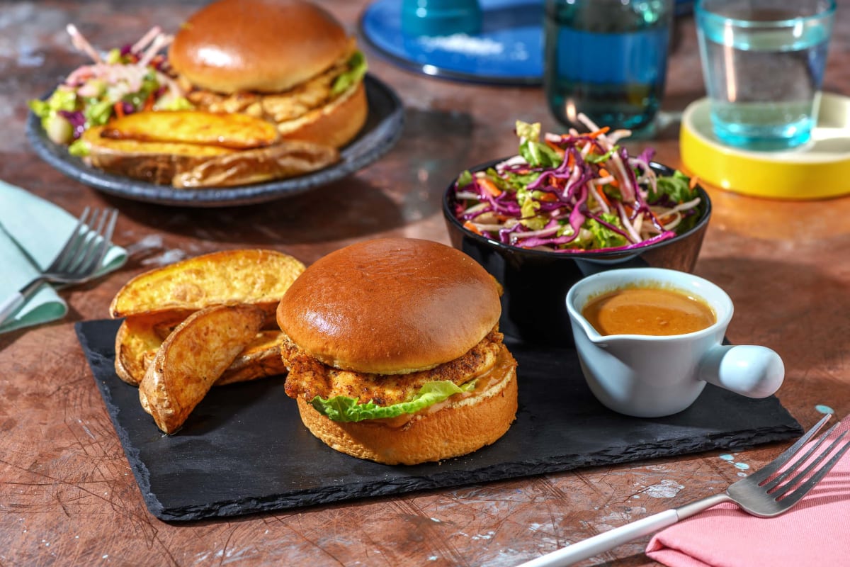 Chicken Satay Burger and Wedges