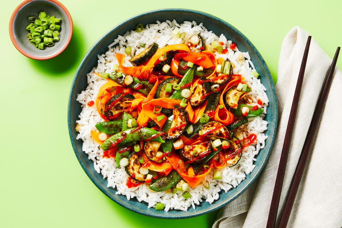 Chicken, Zucchini & Snap Pea Bibimbap Bowls