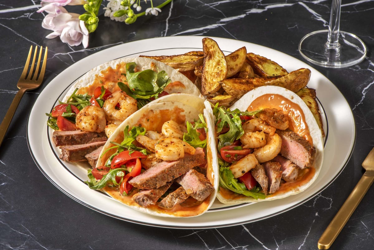 Chimmichurri Sirloin Steak and Prawn Tacos