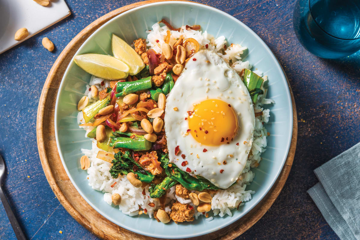 Chinese Pork & Garlic-Ginger Rice Bowl with Peanuts & Fried Egg