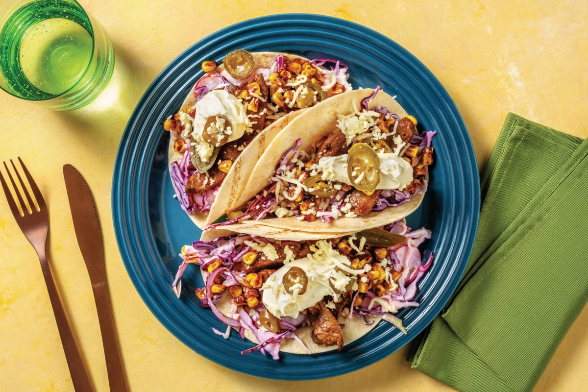 Chipotle Beef & Corn Tacos with Radish Slaw, Sour Cream & Cheddar Cheese