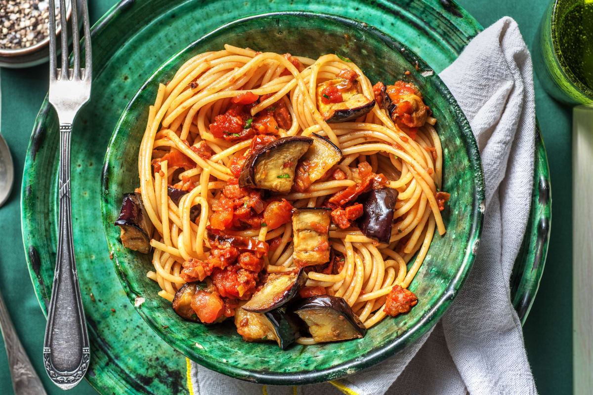 Chorizo Aubergine Spaghetti