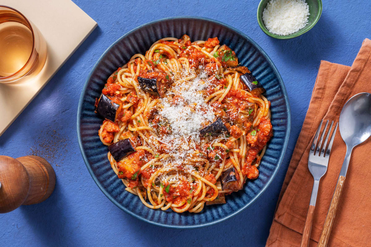 Chorizo & Roasted Aubergine Spaghetti