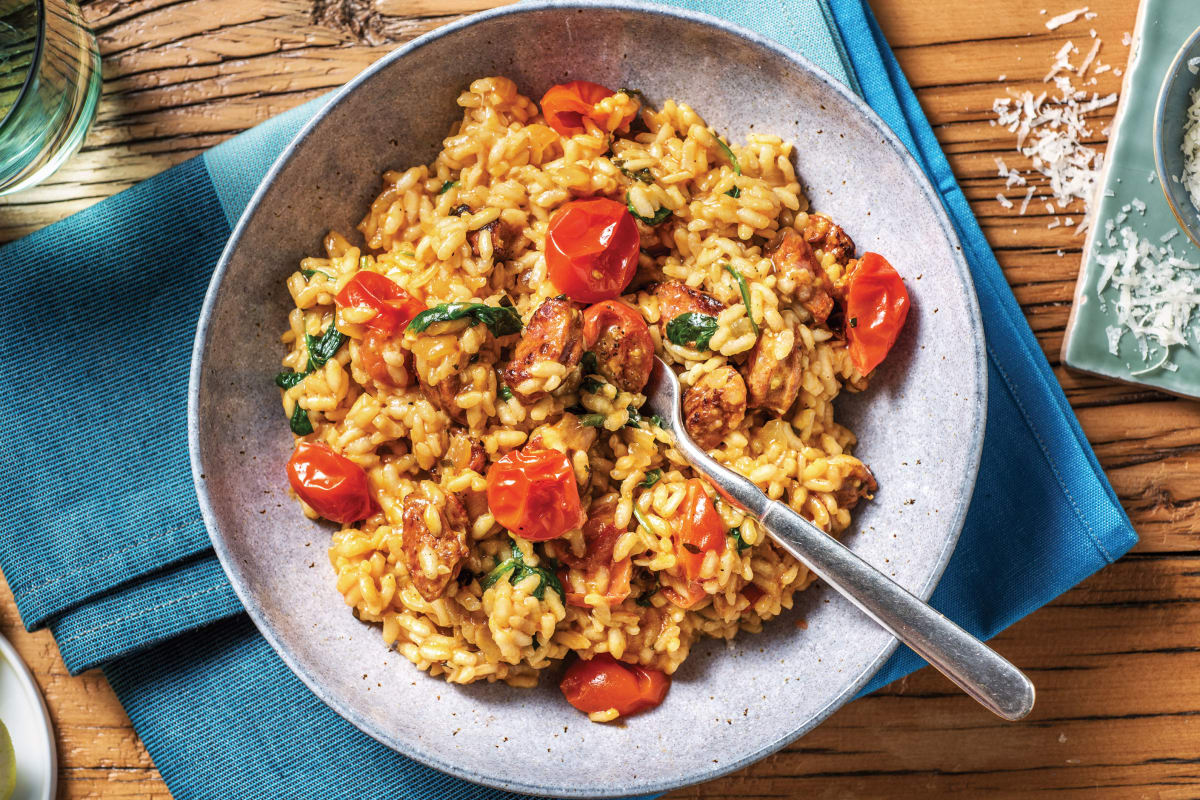 Baked Chorizo, Cherry Tomato & Spinach Risotto - Cook Now! Recipe ...