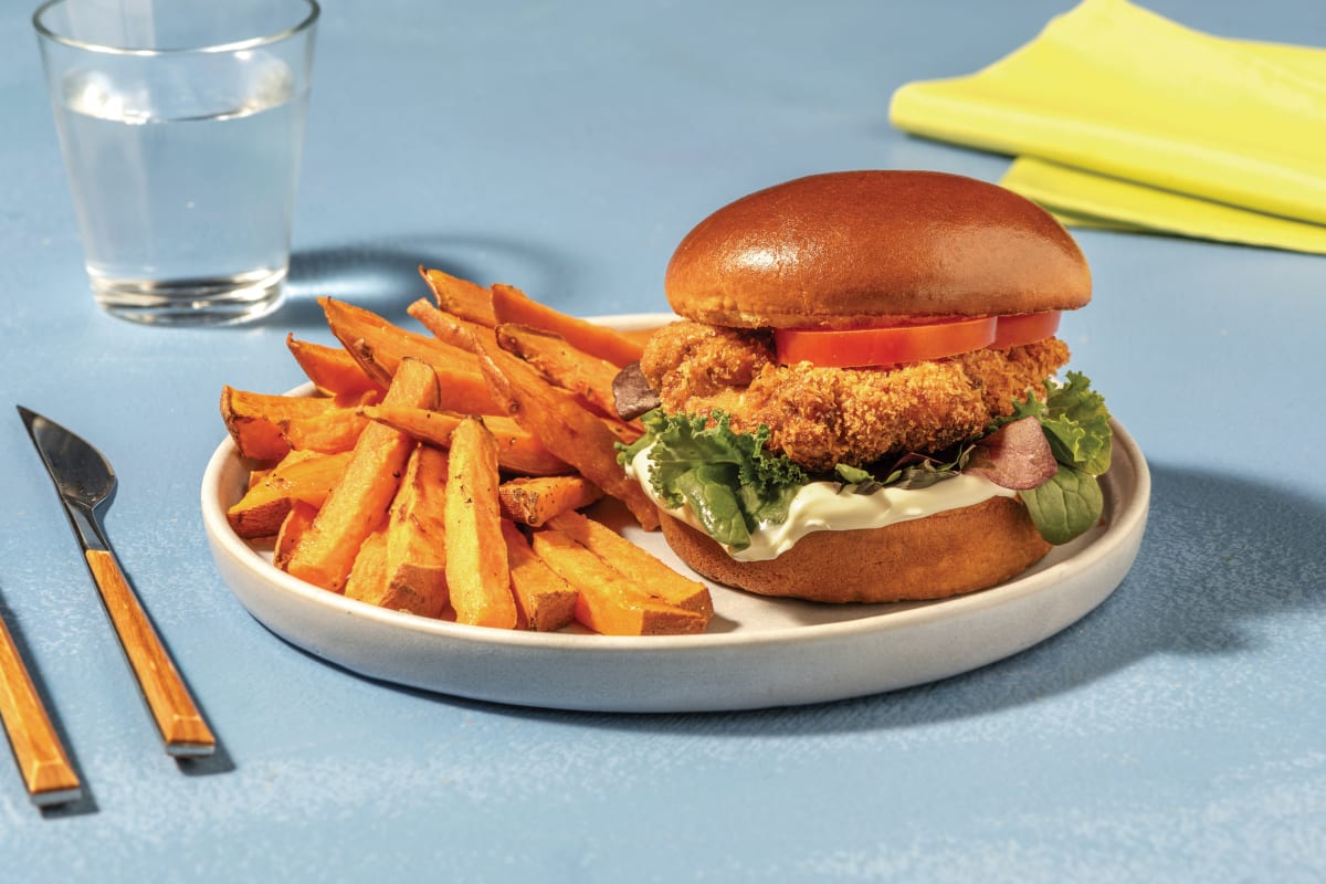 Parmesan Crumbed Chicken Burger with Sweet Potato Fries & Mayo