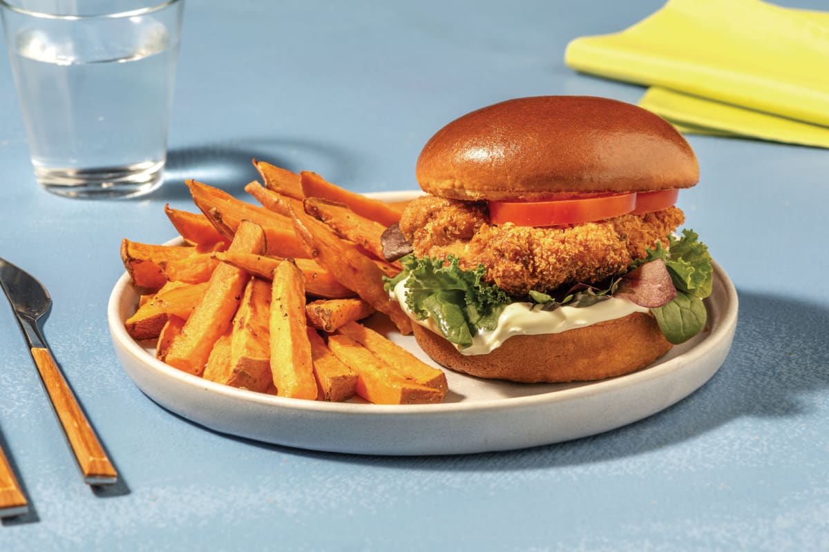 Parmesan Crumbed Chicken Burger with Sweet Potato Fries & Mayo
