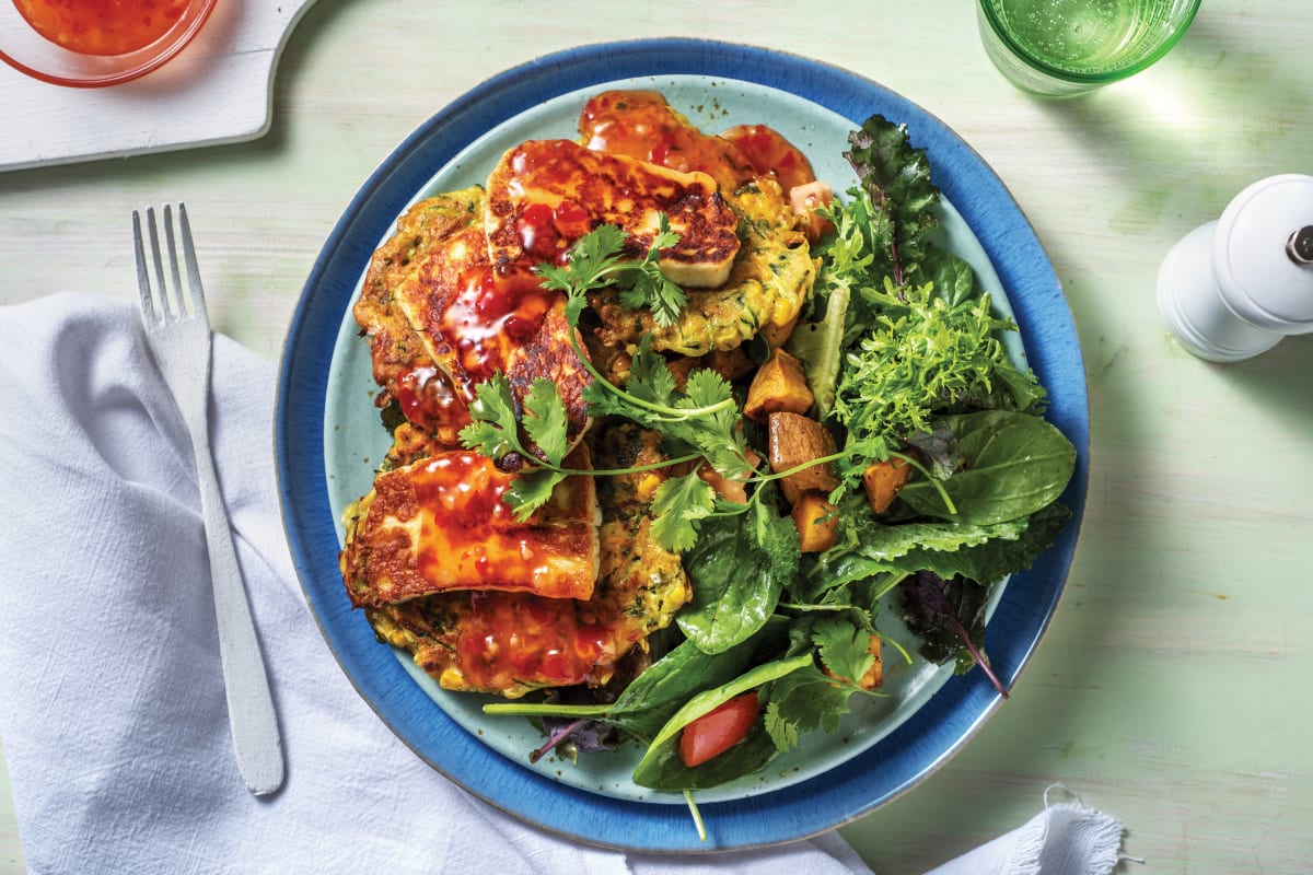 Sweet Chilli Fritters & Haloumi Stack