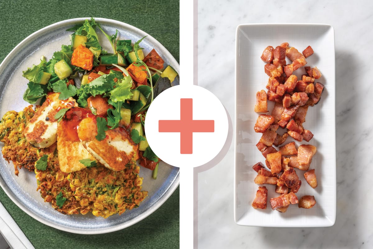 Corn, Zucchini, Bacon Fritters & Haloumi Stack