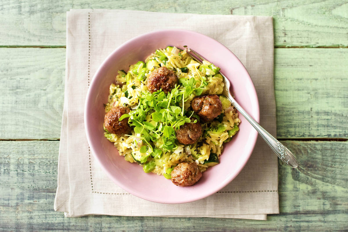 Courgette, Broad Bean and Feta Orzotto with Pork Meatballs Recipe