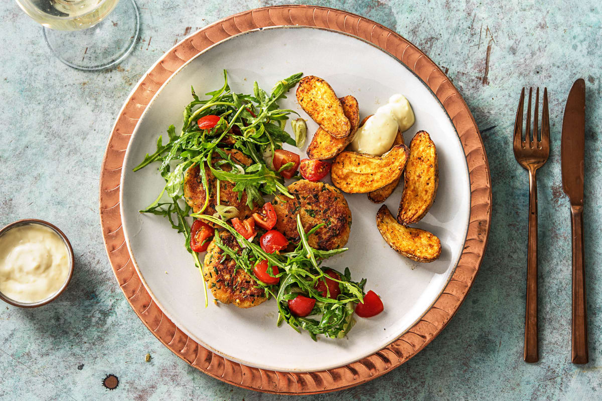 Crab Cakes Under a Lemon-Dressed Salad