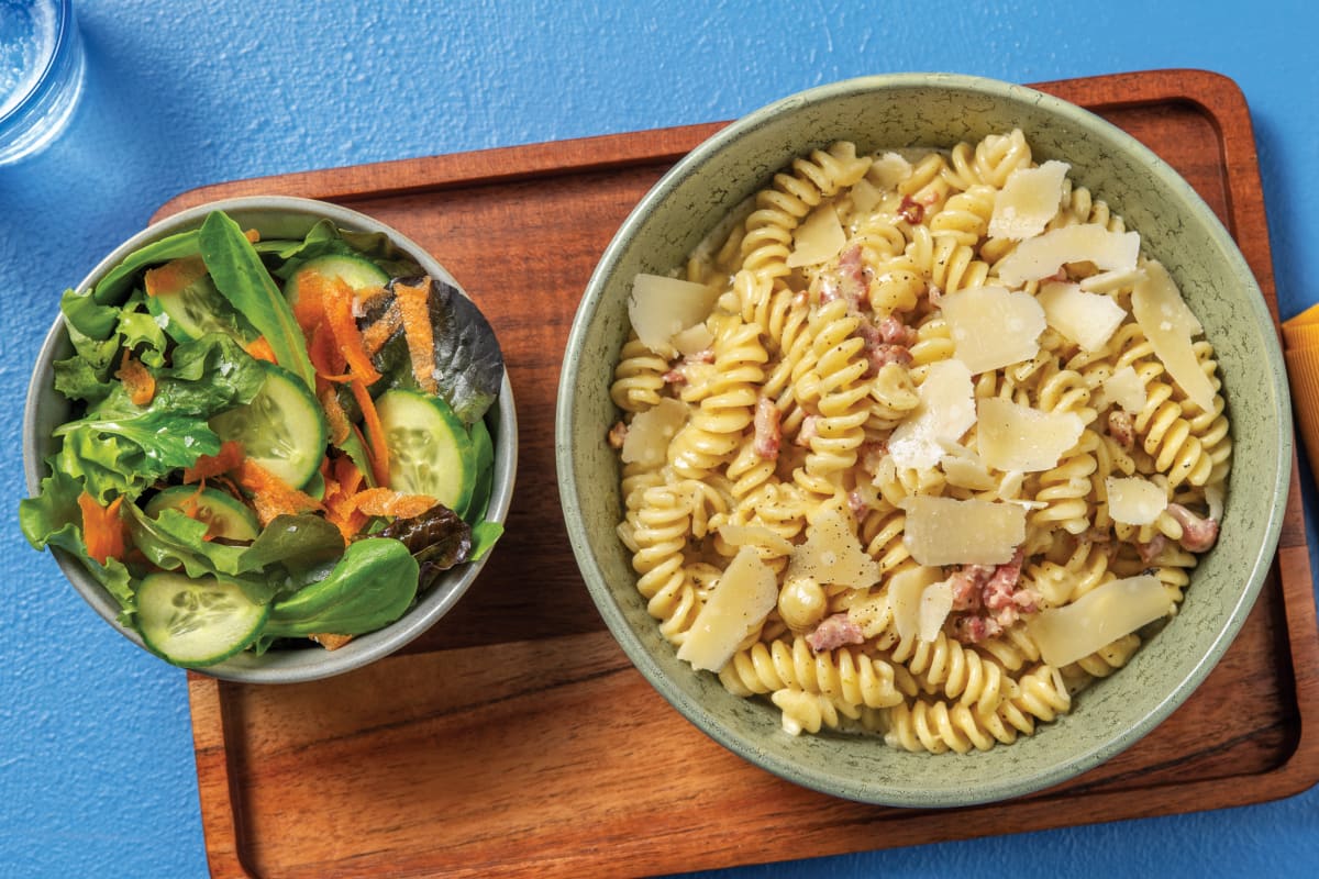 Creamy Bacon Basil Pesto Fusilli with Tossed Salad Shaved Parmesan