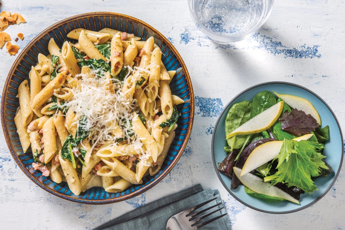 Creamy Bacon & Basil Pesto Penne