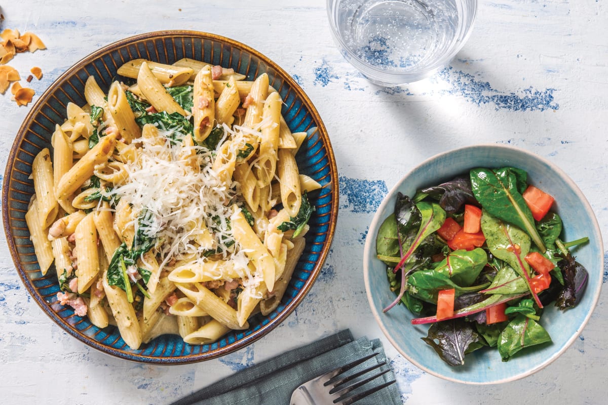 Creamy Bacon Basil Pesto Penne with Tomato Salad Parmesan